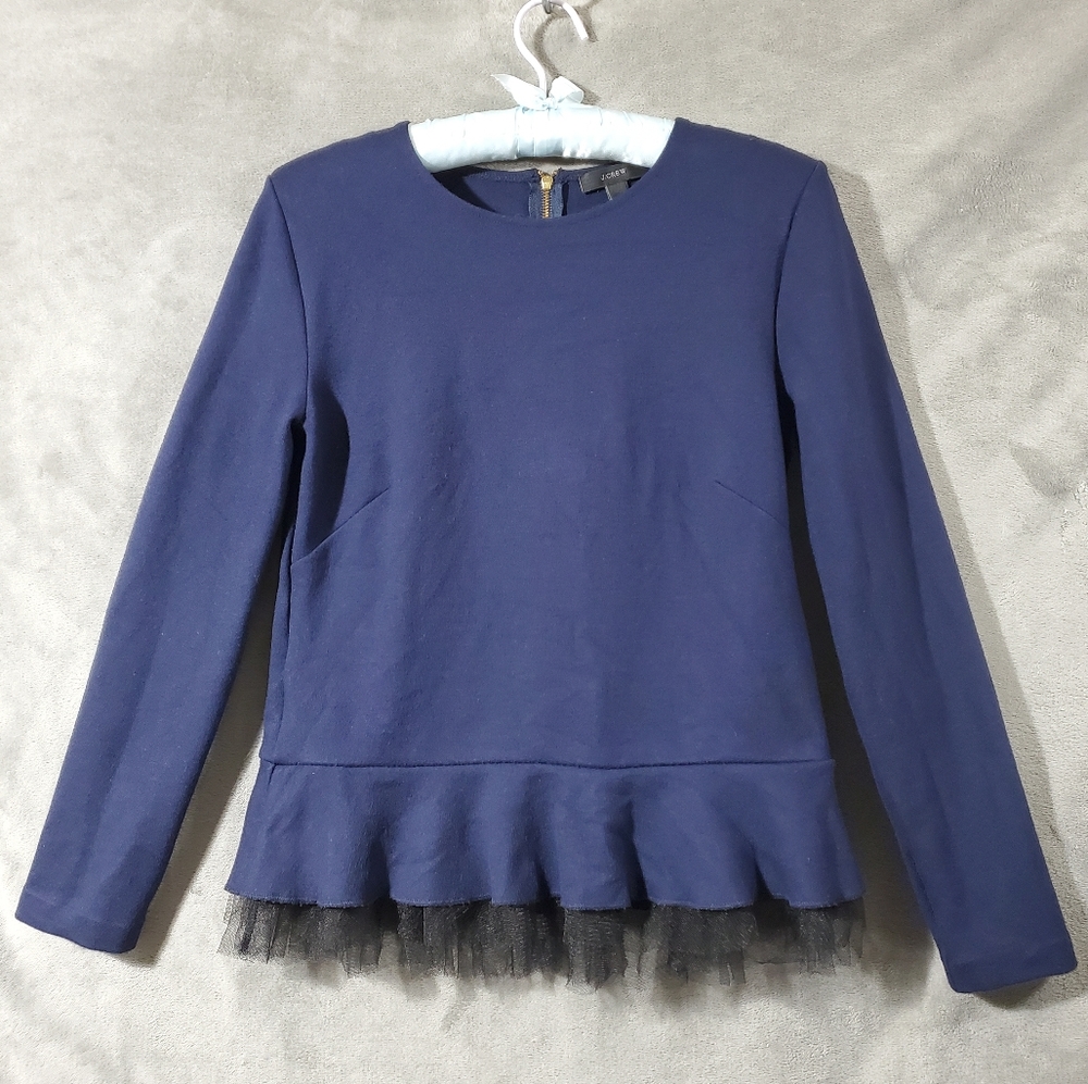 J. CREW Long Sleeve Top with Ruffle Bottom Navy Blue Size XS